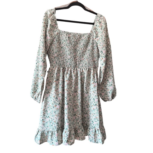 AS U Wish Women's Floral Mini Dress Long Sleeve  Ruffle Hem Sage L NWT - Picture 10 of 13